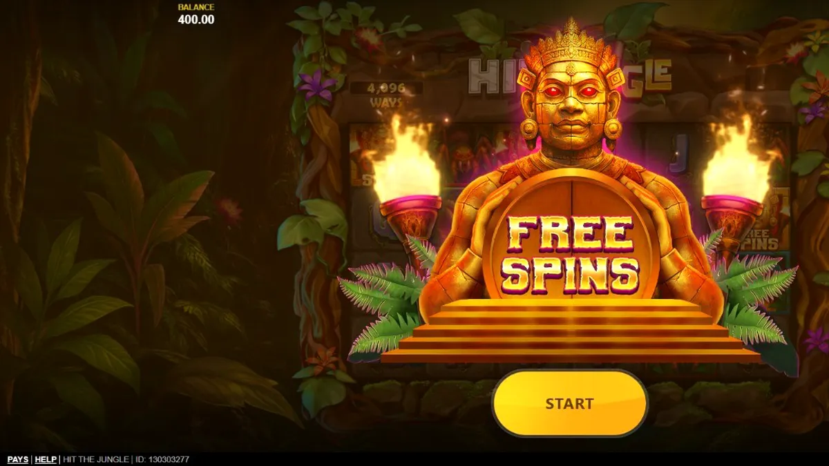 Ang visual na disenyo ng Hit the Jungle slot na nagpapakita ng madilim na kagubatan at gintong templo